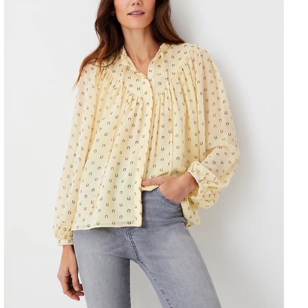 Ann Taylor | Horseshoe V-Yoke Tie Neck Button Down Top